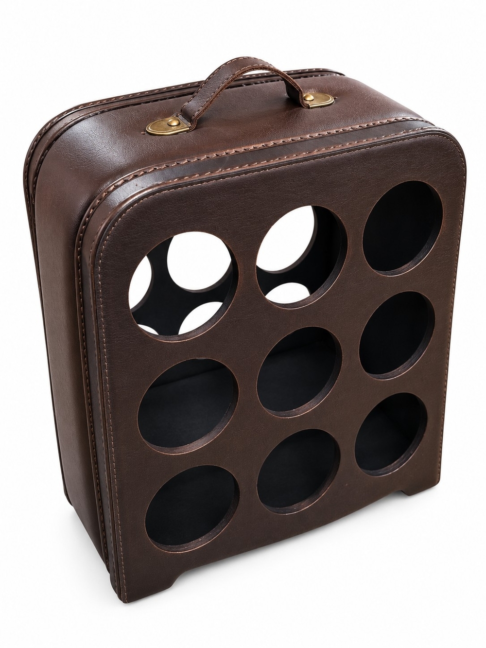 Vintage Style Faux Leather & Wood 9-Bottle Wine Rack Suitcase Carrier